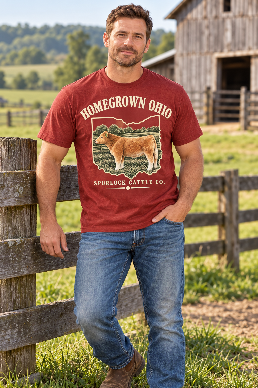 Man wearing the Homegrown Ohio tee in red leaning on a barn fence