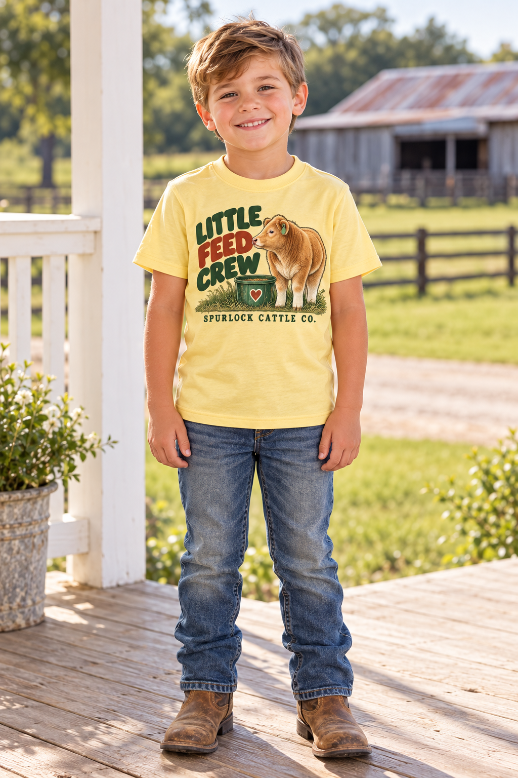 Boy wearing the yellow Little Feed Crew youth tee on a farmhouse porch