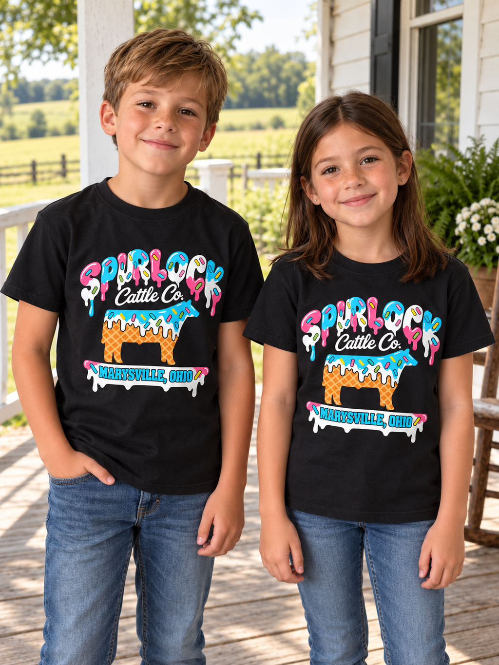 Two kids wearing black Spurlock Cattle Co. Ice Cream Drip Tees on a farmhouse porch
